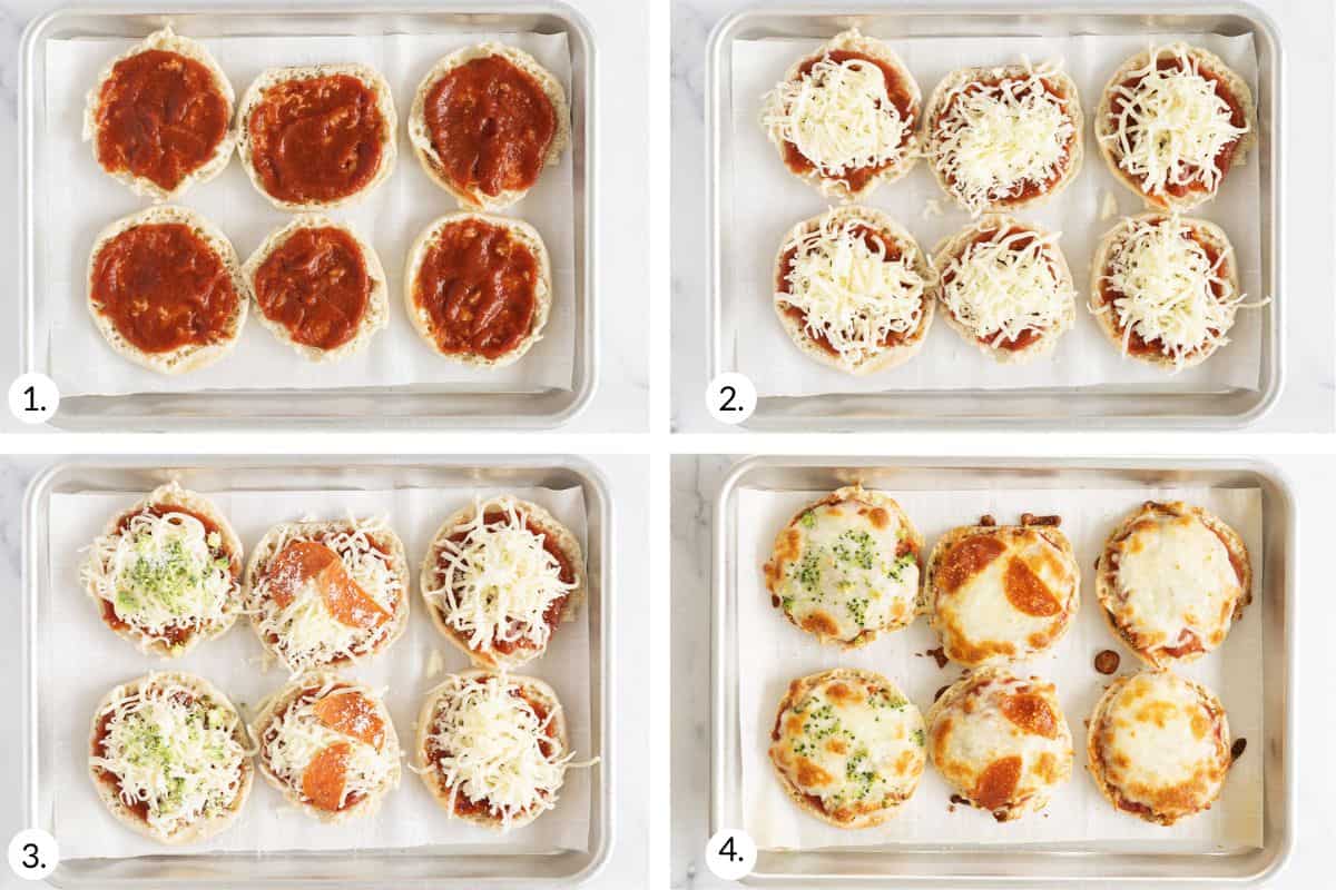 how to make english muffin pizzas in grid of 4 images.