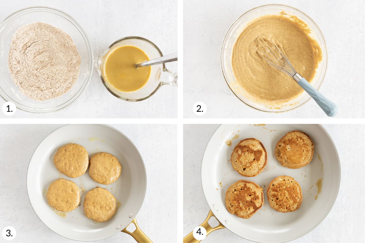how to make gingerbread pancakes in grid of four images.