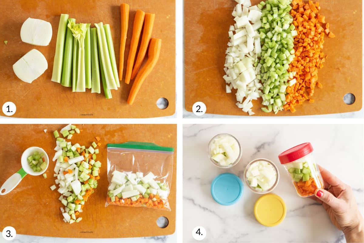 how to make mirepoix in grid of 4 images.