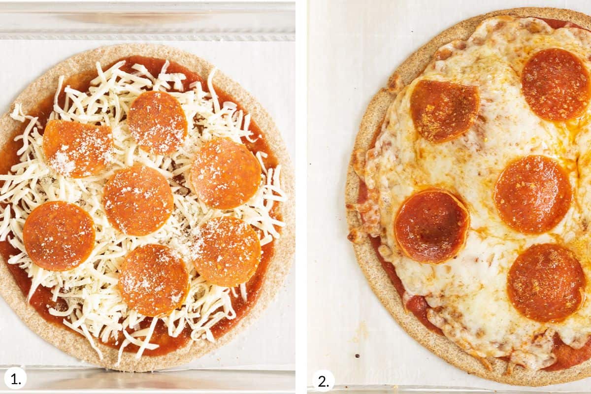 how to make tortilla pizzas in grid of 2 images.