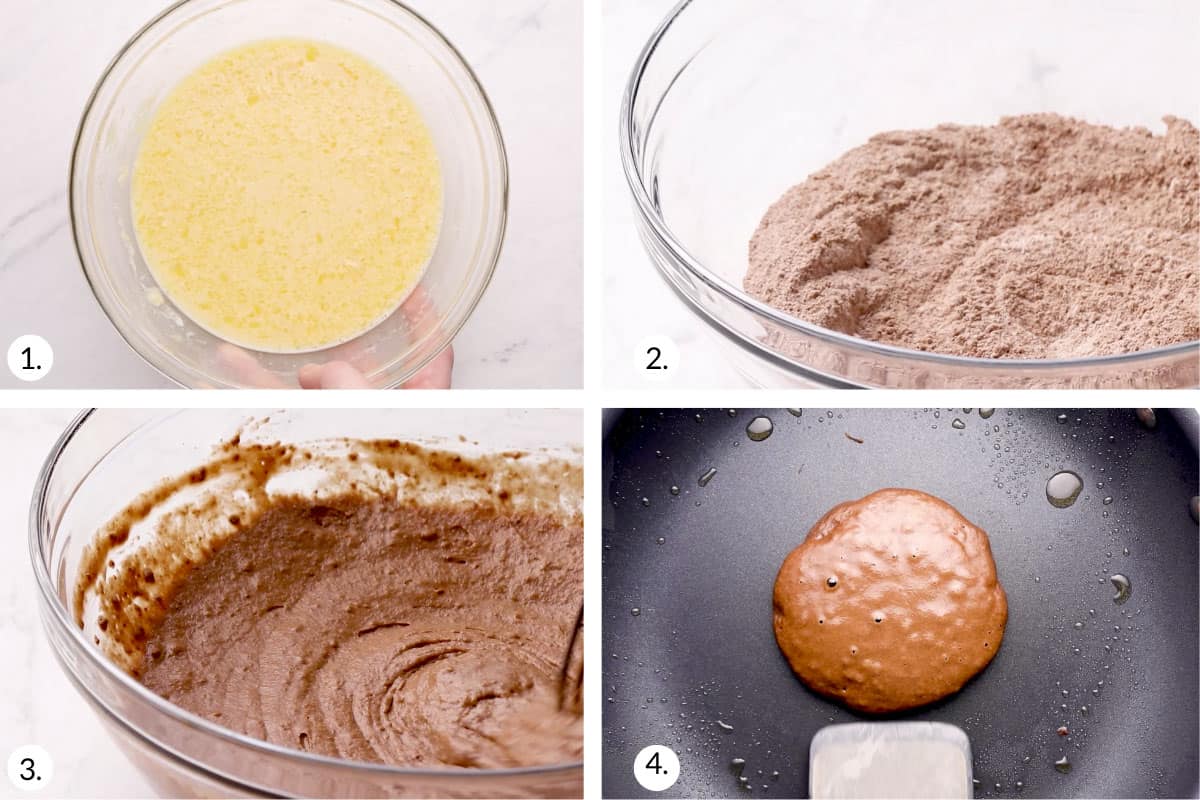 how to make chocolate pancakes in grid of four steps.