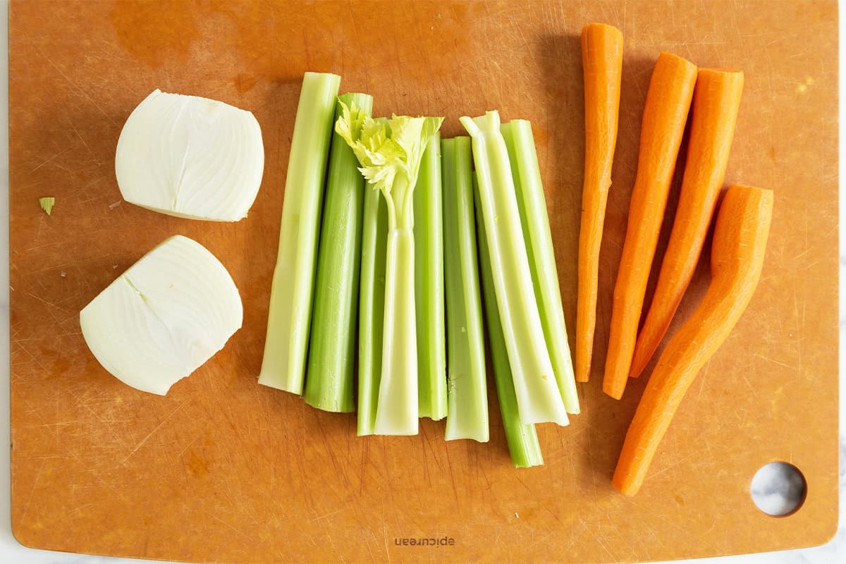 Veggies on cutting board for making mirepoix