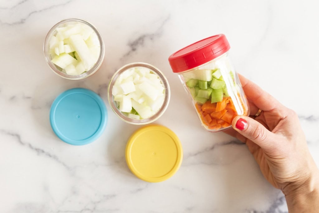Mirepoix in glass jars.