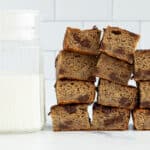 chocolate chip banana cake stack on counter.