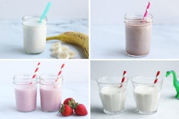 flavored milks in grid of four images.
