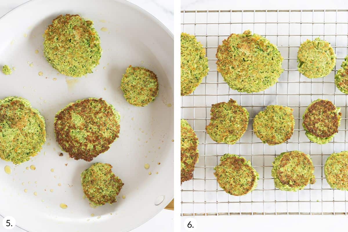 how to make broccoli fritters in grid of 2 images.