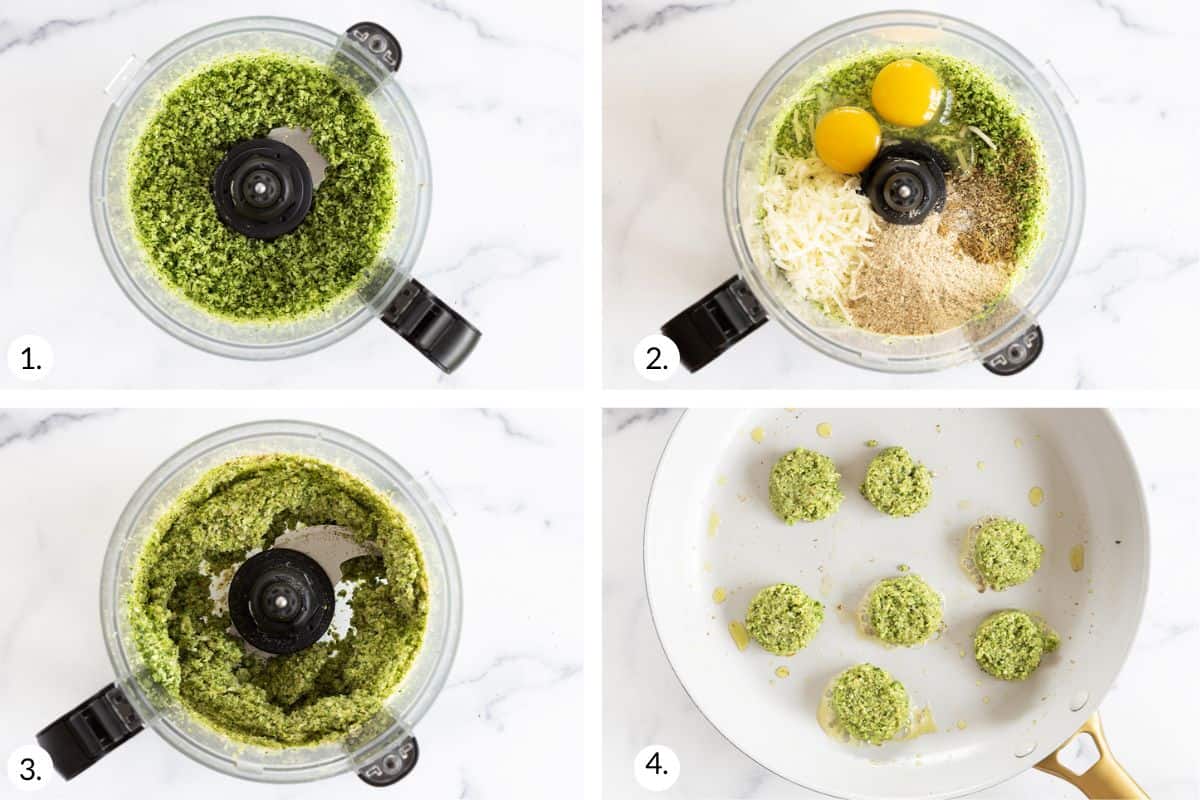 how to make broccoli fritters in grid of 4 images.