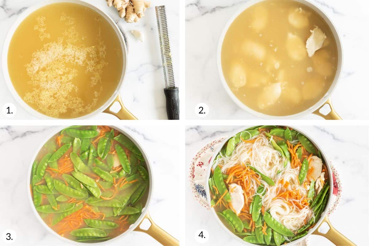 how to make rice noodle soup in grid of 4 images.