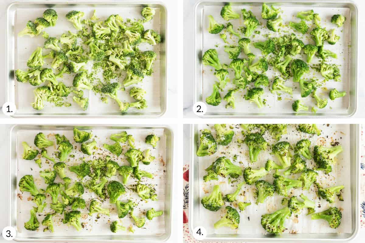 how to make roasted frozen broccoli in grid of 4 images.