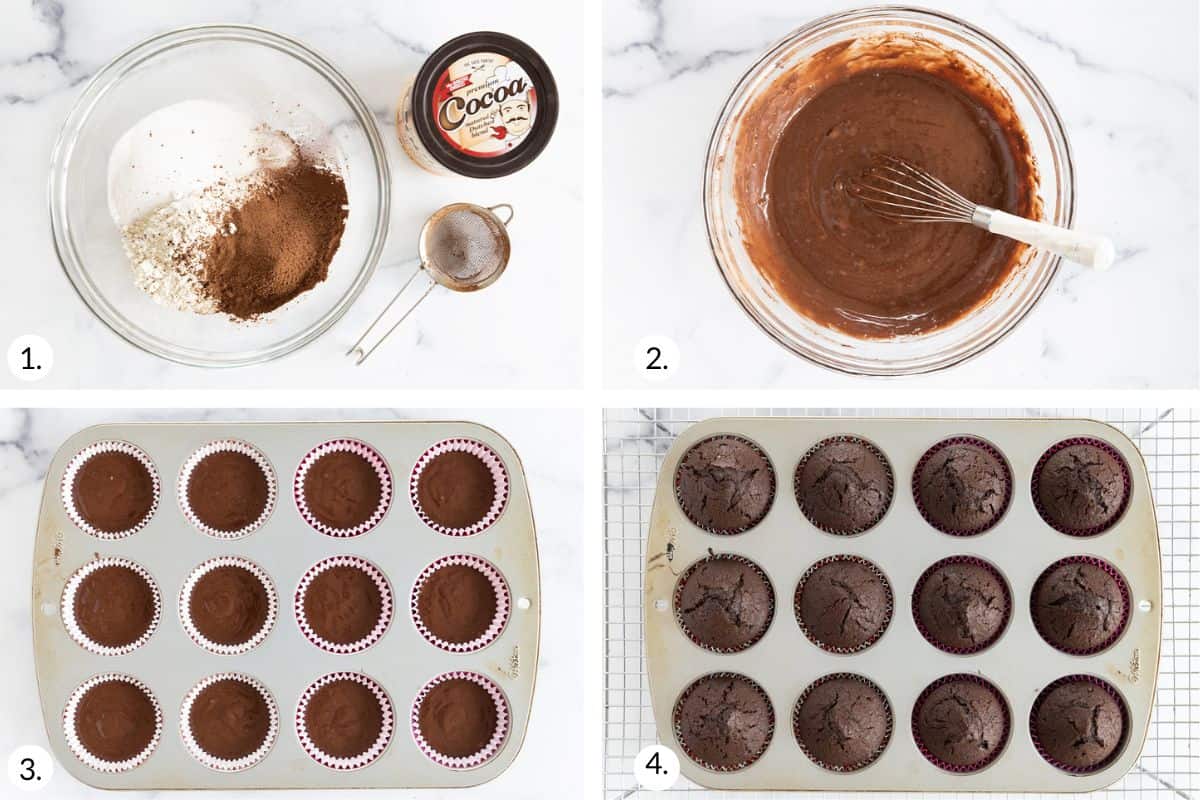 how to make vegan chocolate cupcakes in grid of 4 images.