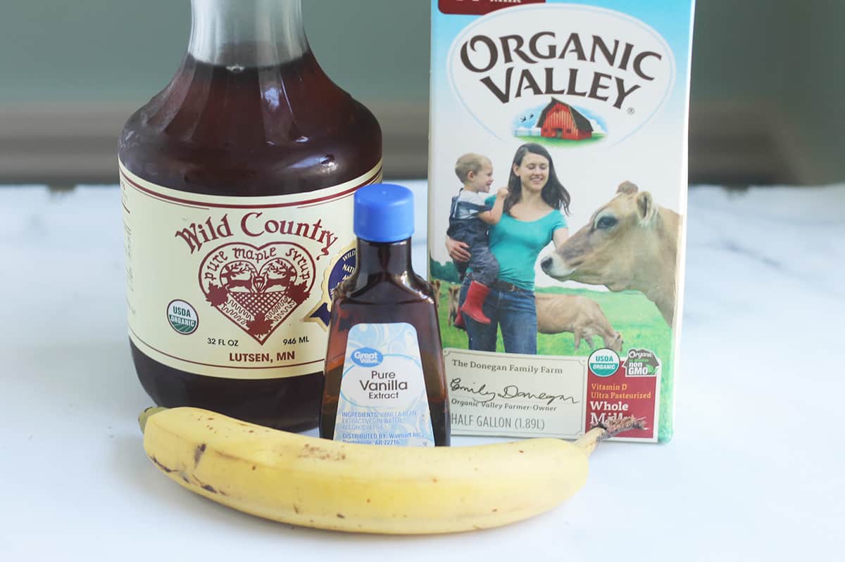 ingredients in banana milk on counter.