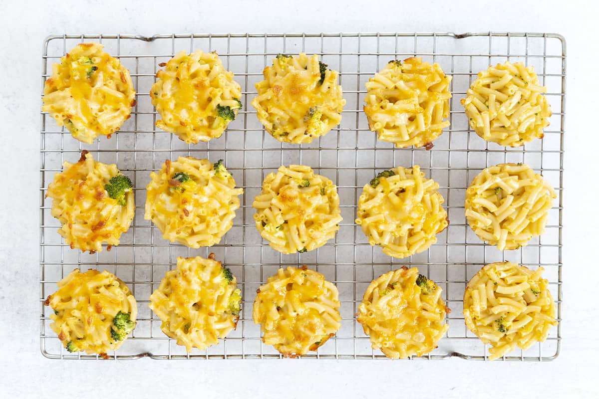 mac and cheese bites cooling on wire rack.
