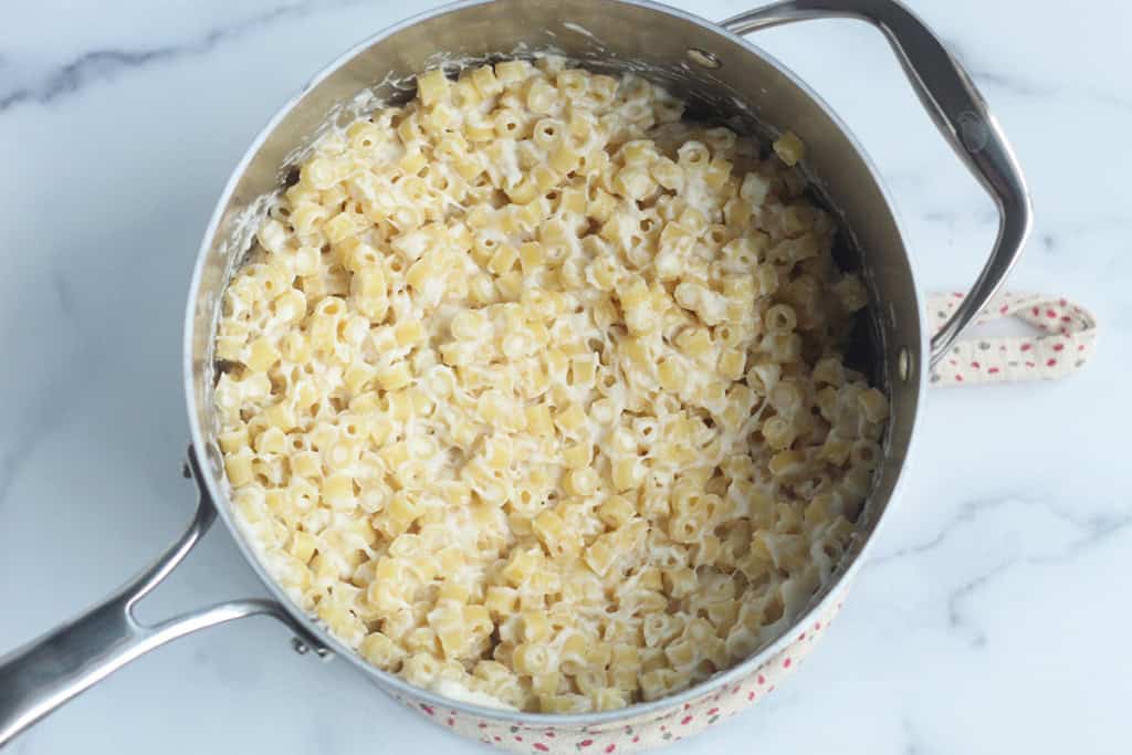 Cauliflower mac and cheese in pot.