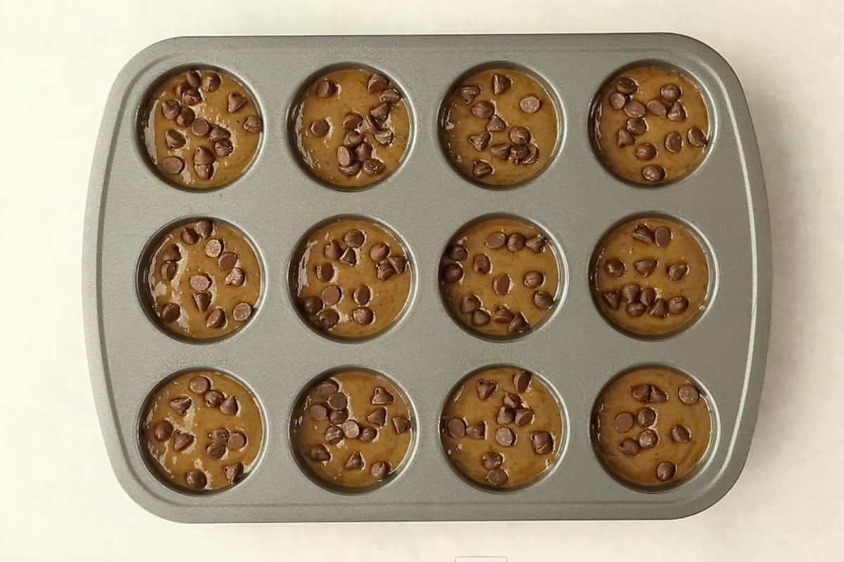 chocolate protein muffin batter in pan.
