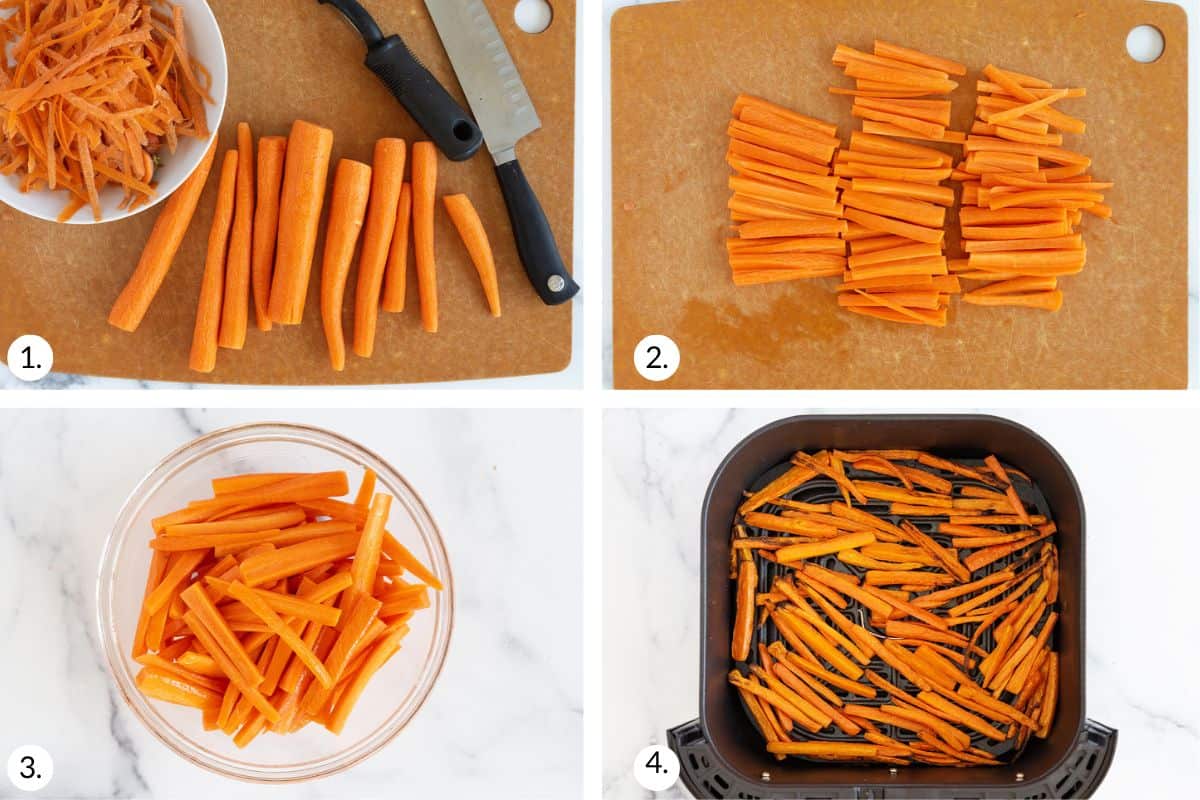 how to make air fryer roasted carrots in grid of 4 images.