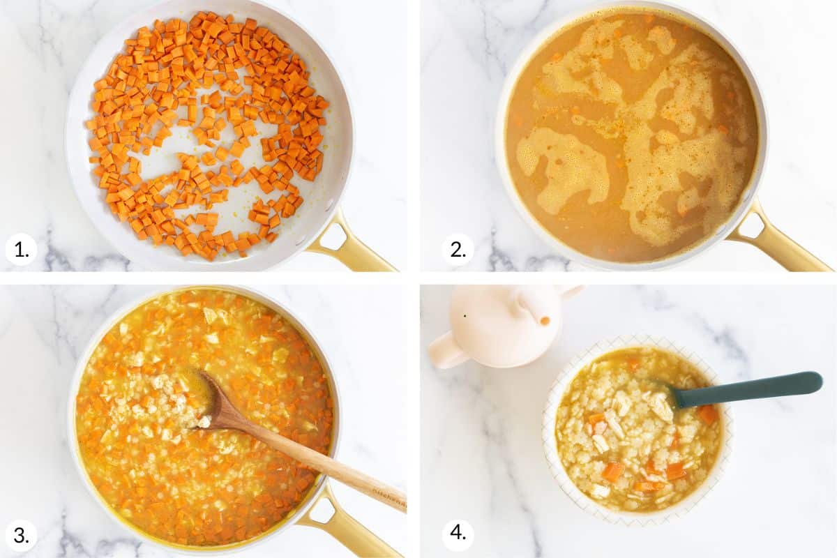 how to make chicken and stars soup in grid of 4 images.