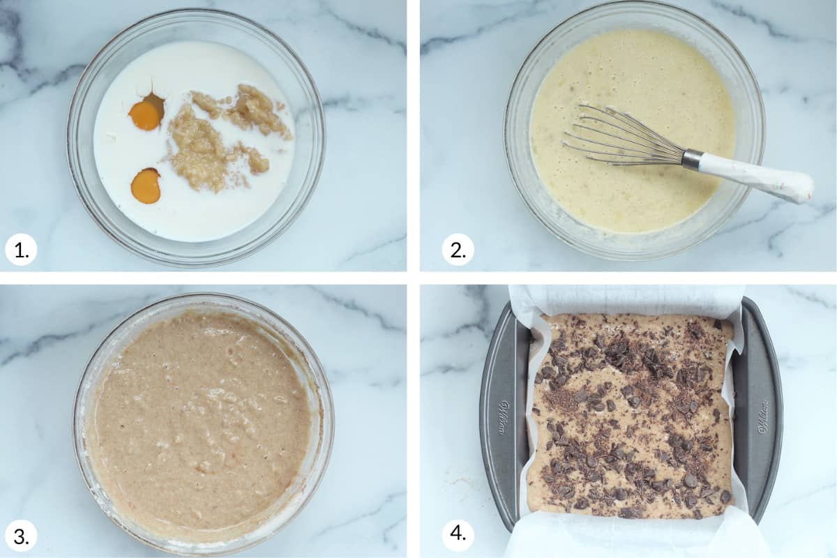 how to make chocolate chip banana cake in grid of four steps.