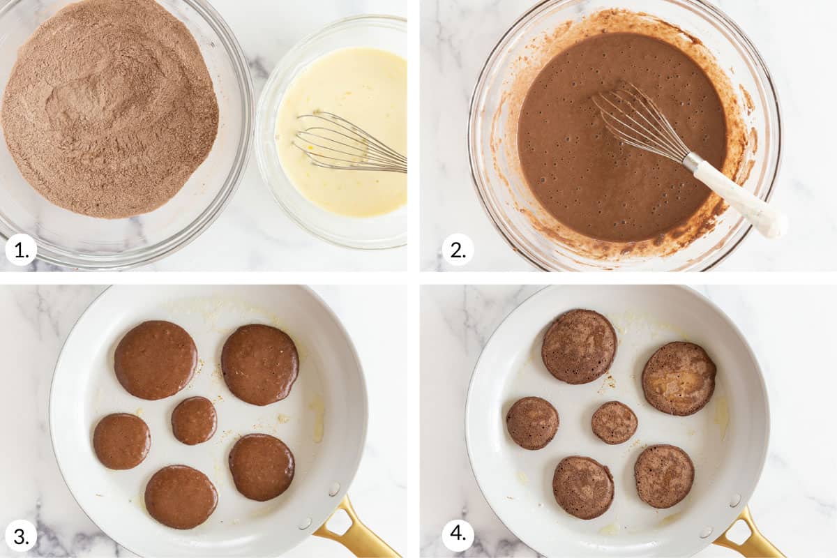 how to make chocolate pancakes in grid of four images.