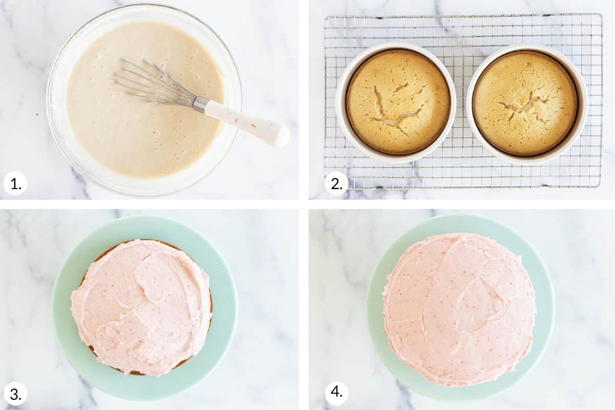 how to make easy vanilla cake in grid of 4 images.