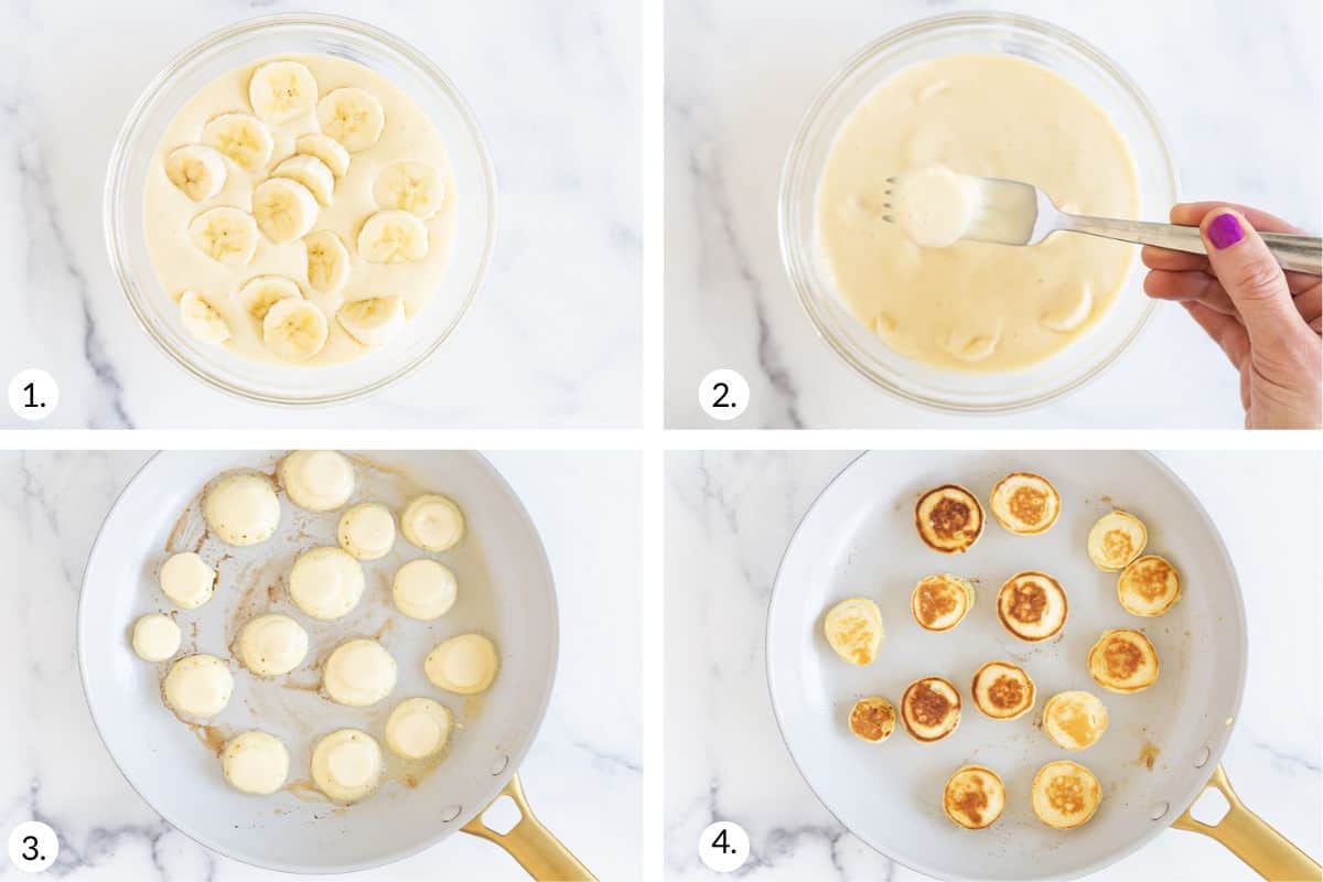 how to make mini pancakes in grid of 4 images.