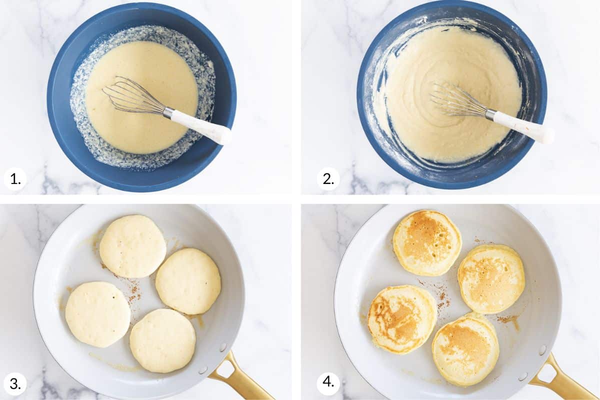 how to make ricotta pancakes in grid of 4 images. 