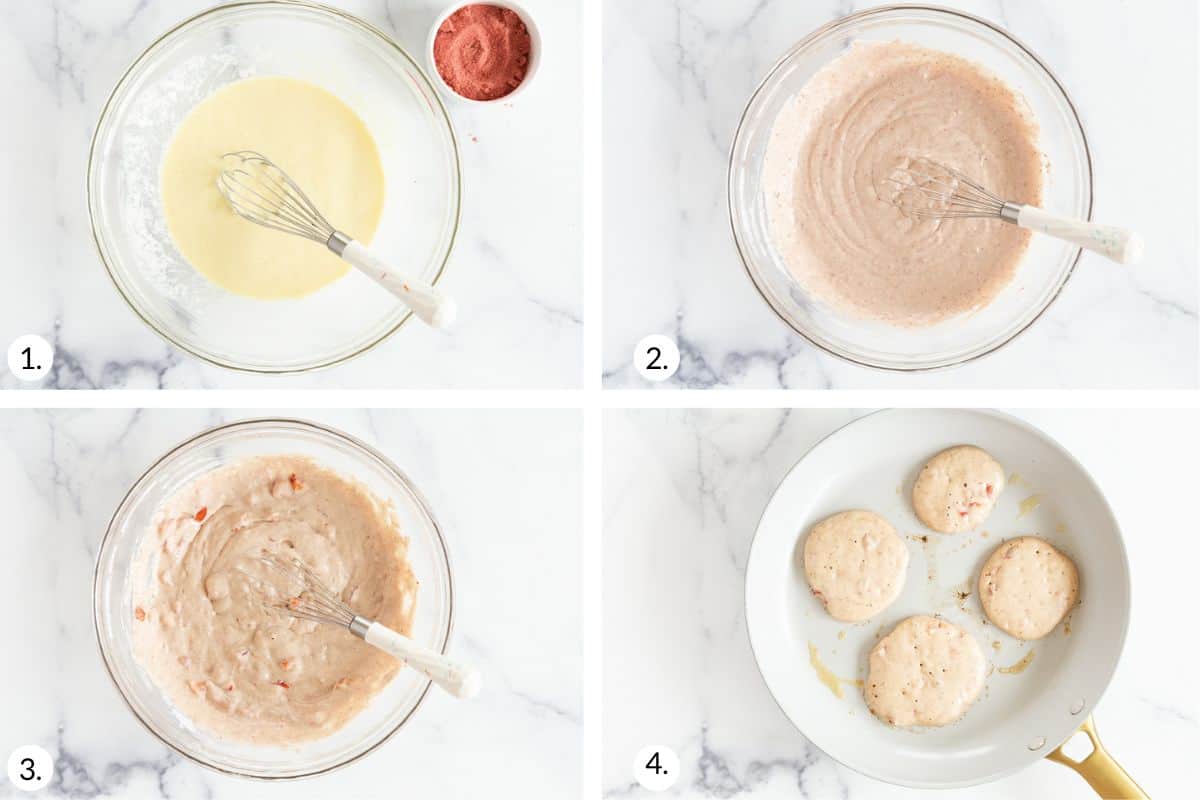 how to make strawberry pancakes in grid of 4 images.