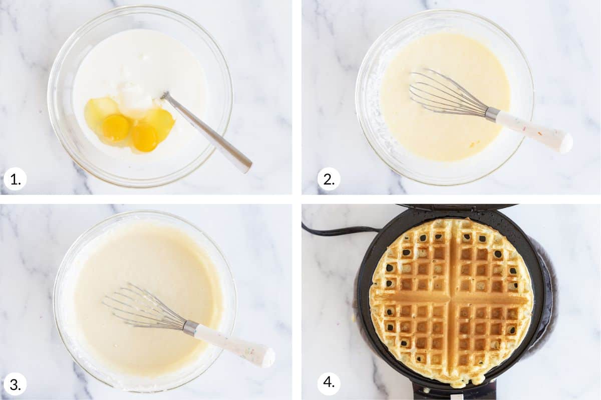 how to make yogurt waffles in grid of 4 images.