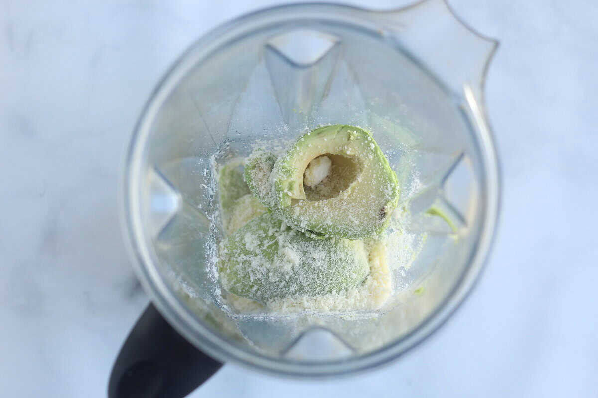 Ingredients for avocado pasta sauce in blender before blending. 