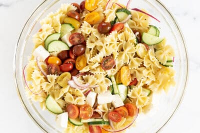 pasta salad in glass bowl.
