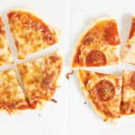 yogurt pizza dough cut up on parchment.