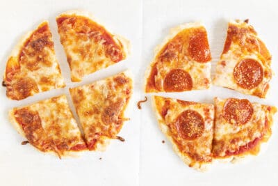 yogurt pizza dough cut up on parchment.