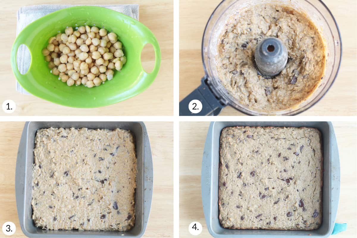 how to make chickpea blondies step by step in grid of 4.