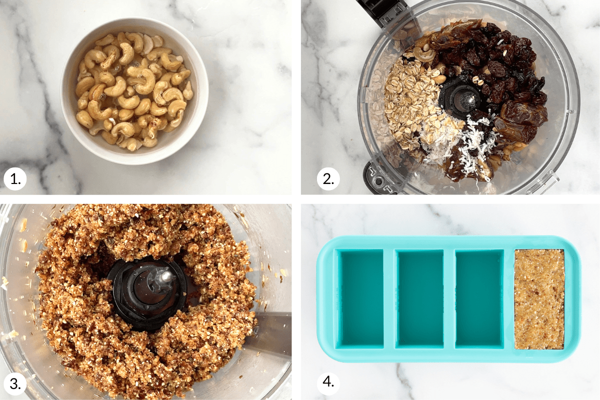 how to make fruit and nut bars in grid of four images.