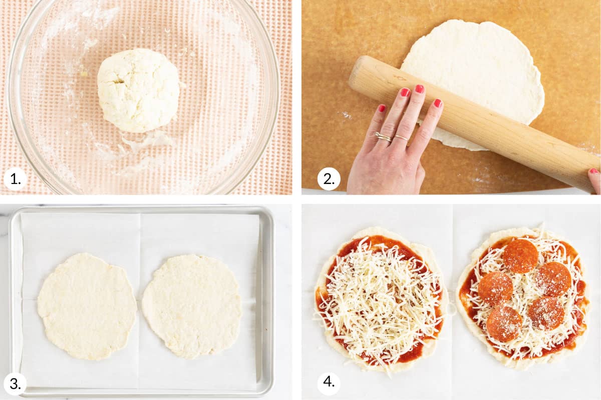 how to make greek yogurt pizza dough in grid of four.