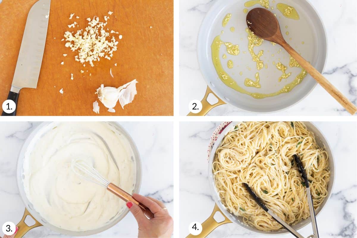 how to make pasta with yogurt sauce in grid of 4 images.