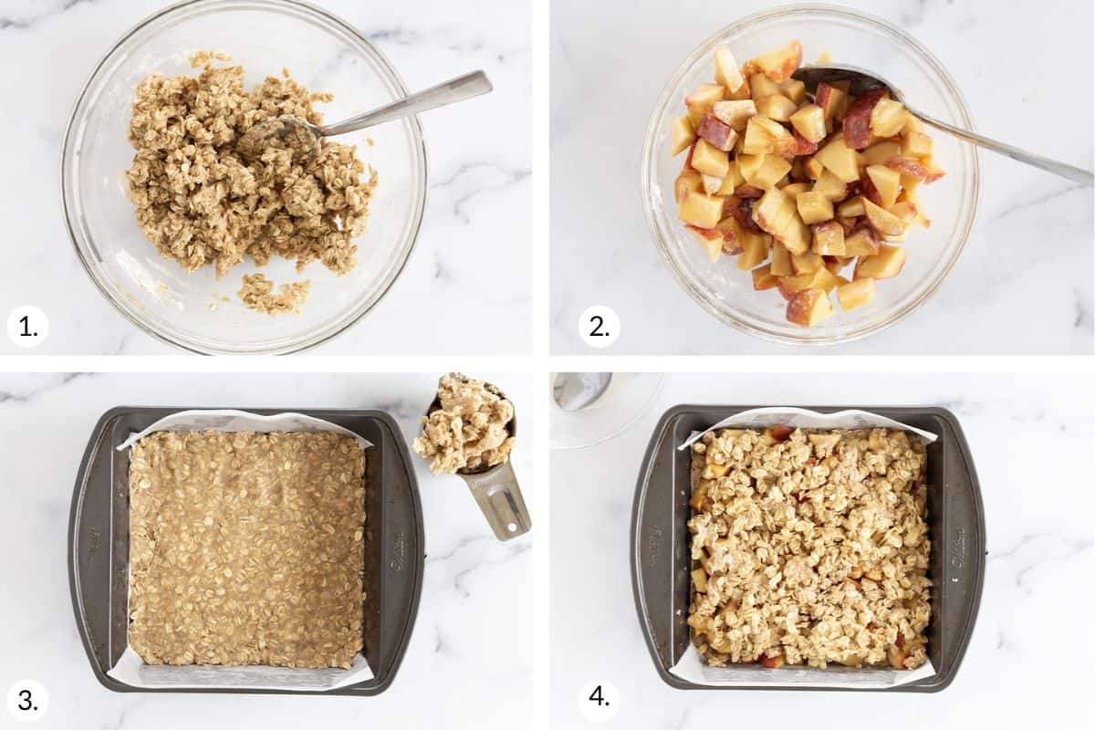 how to make peach crumb bars in grid of 4 images.