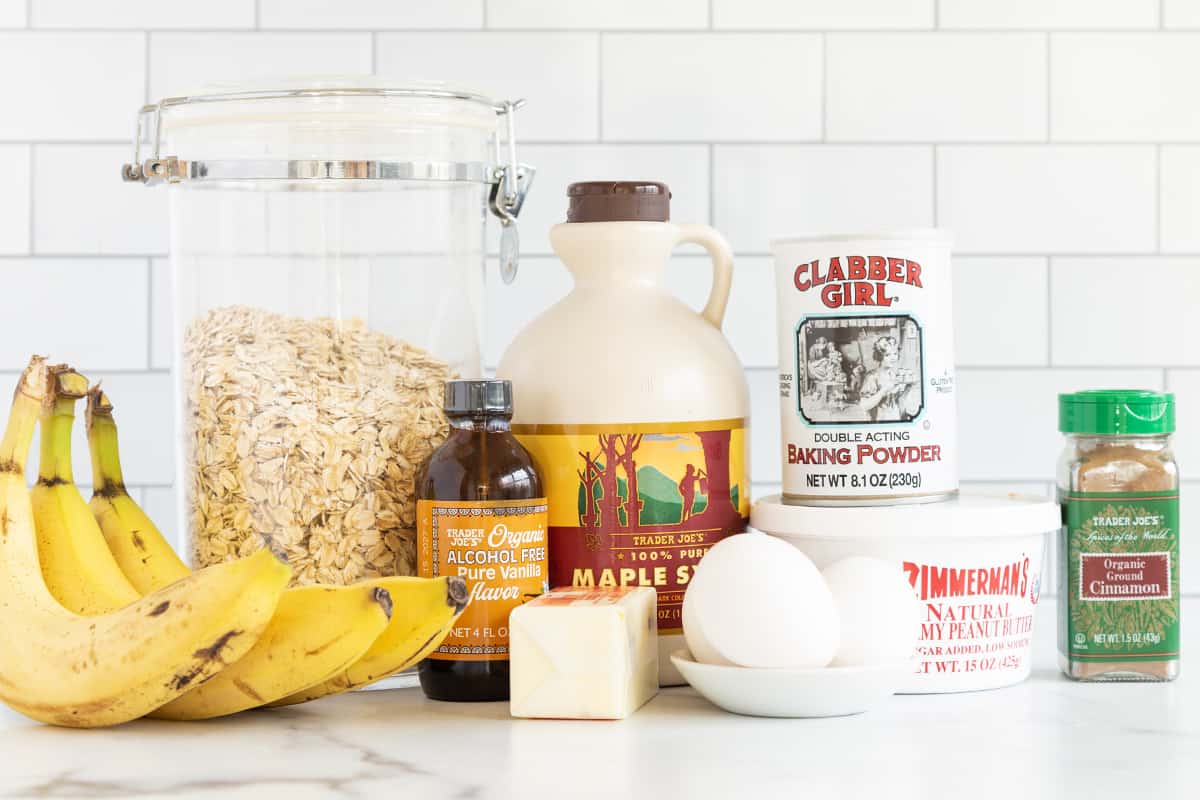 ingredients in healthy banana bread on counter.
