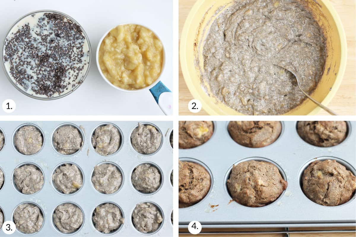 vegan banana muffins in grid of four images.