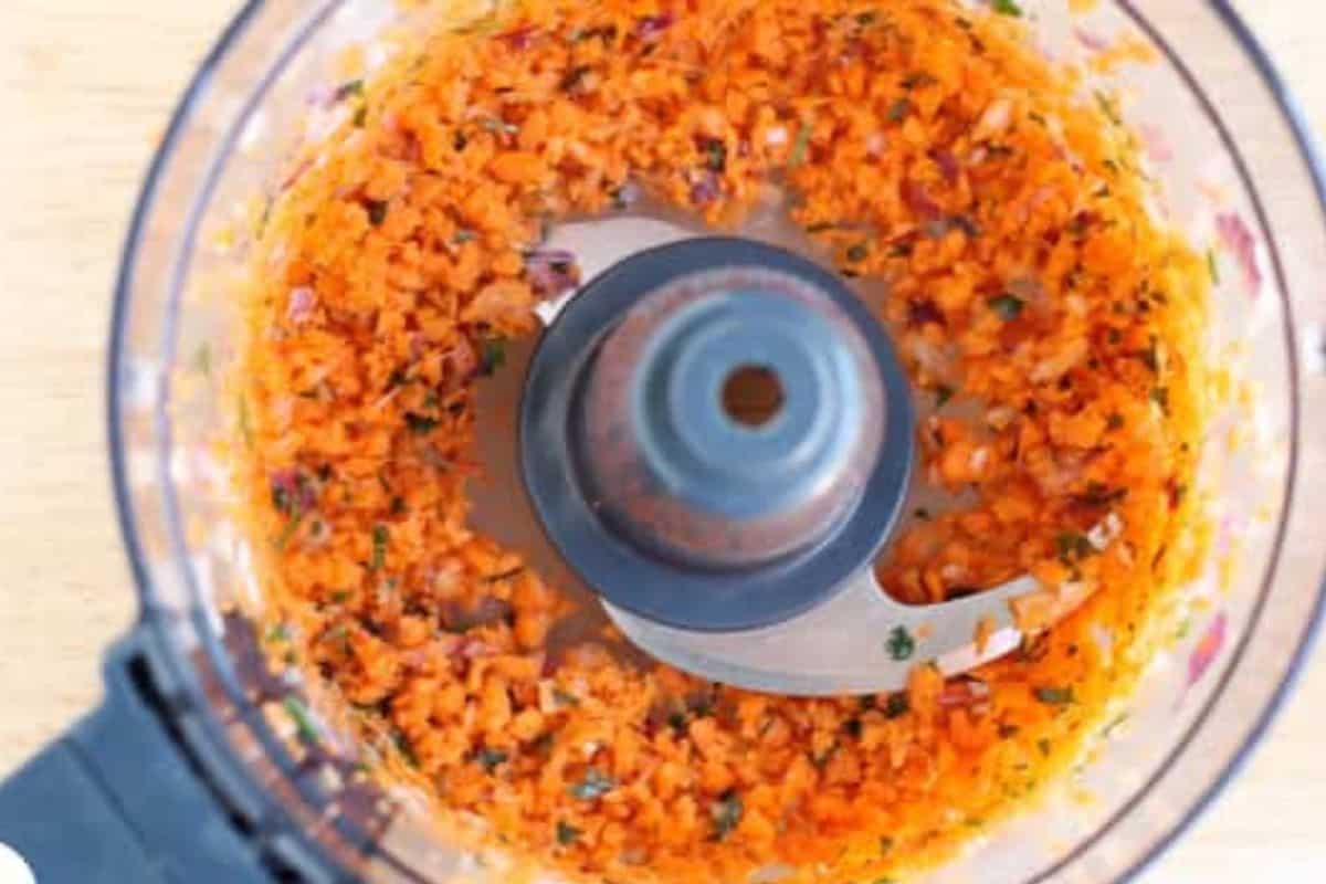 Veggies in food processor for lamb meatballs.