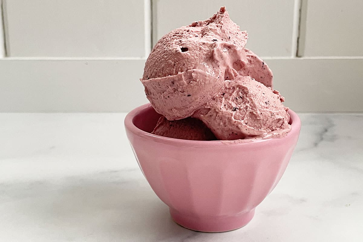 blueberry ice cream scoop in pink bowl.