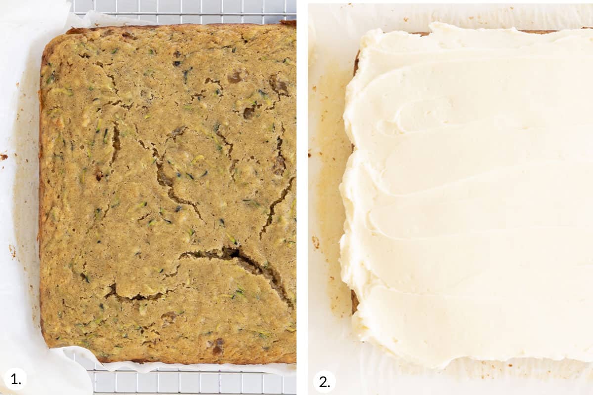 how to frost zucchini cake in grid of two images.