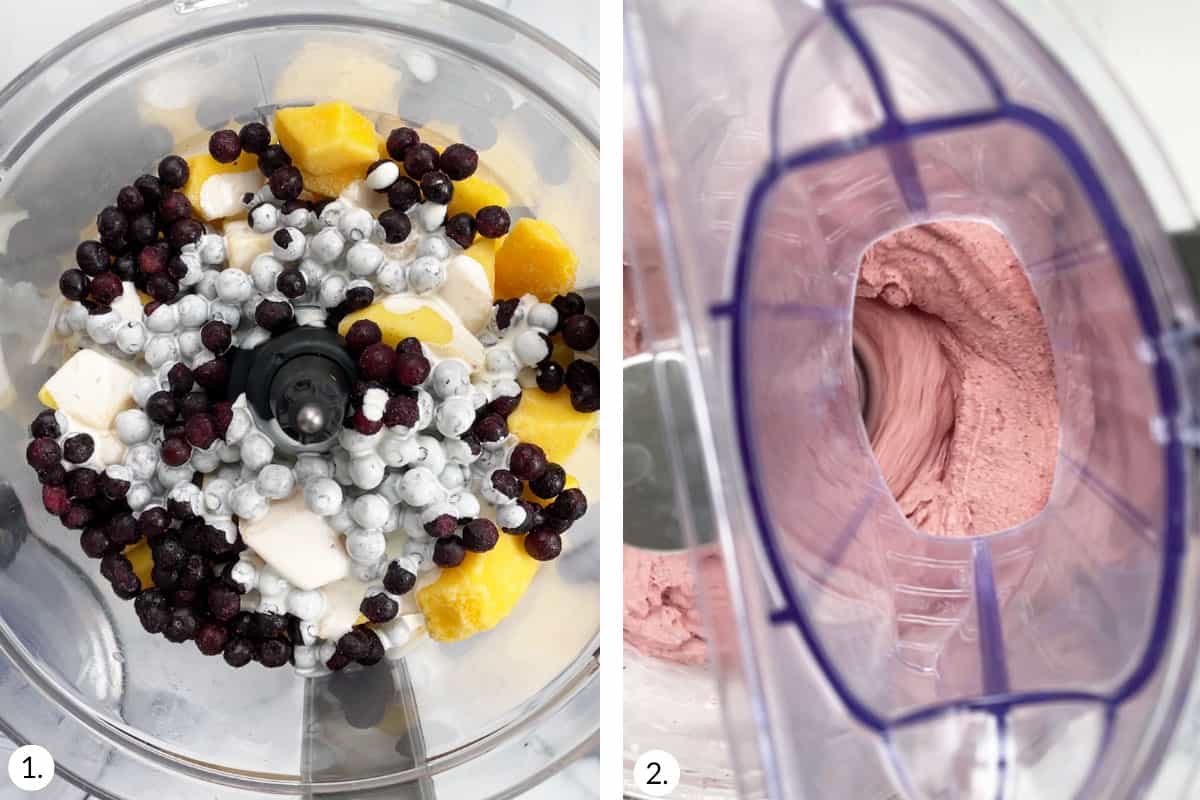 how to make blueberry ice cream in grid of two images.