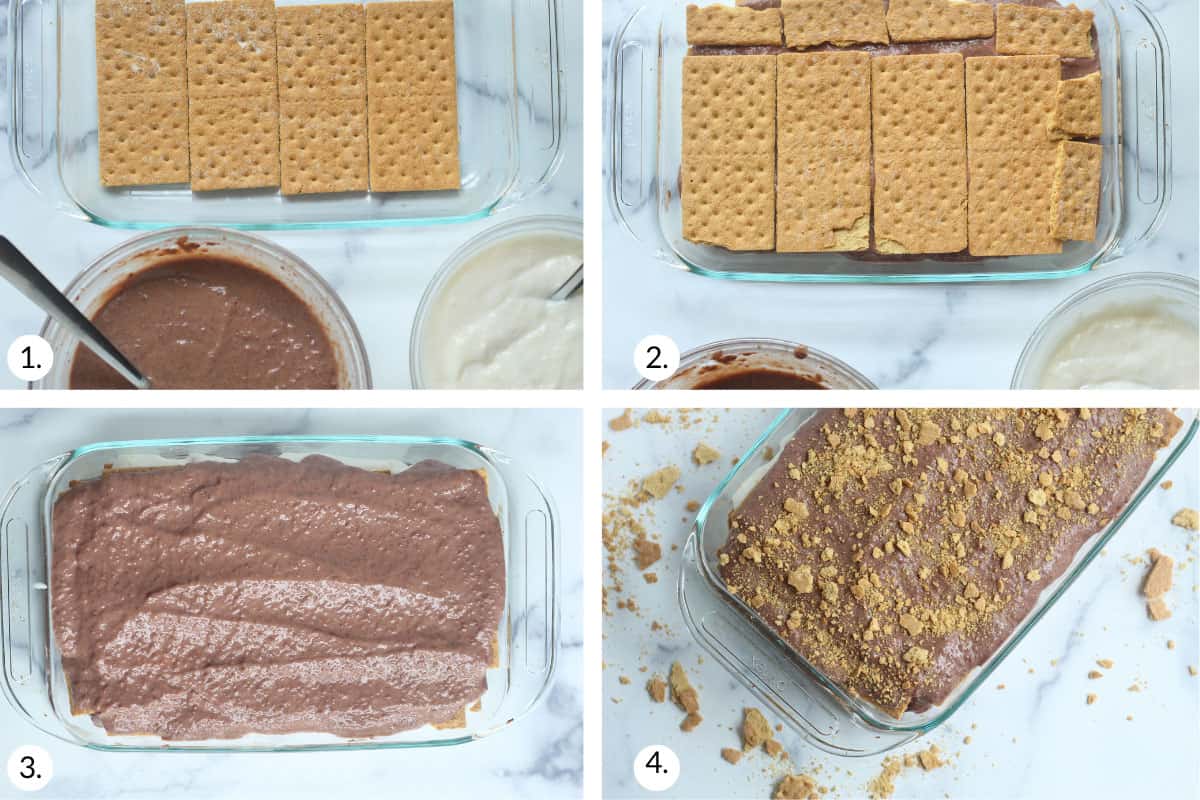 how to make ice box cake in grid of four images.