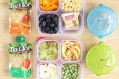 travel foods on counter in lunchboxes and containers.