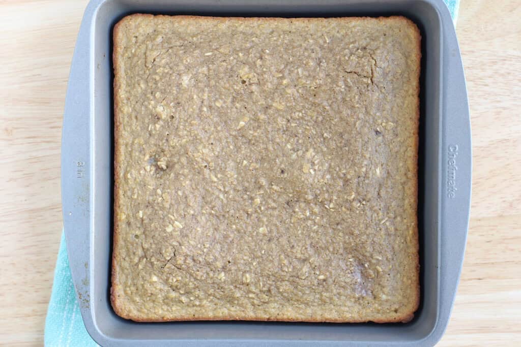 baked oatmeal banana bread in pan.