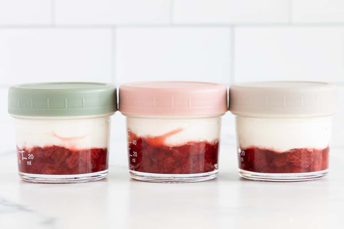 strawberry yogurt in small jars.