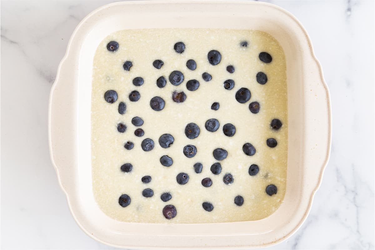 blueberry baked oatmeal mixture in baking pan.