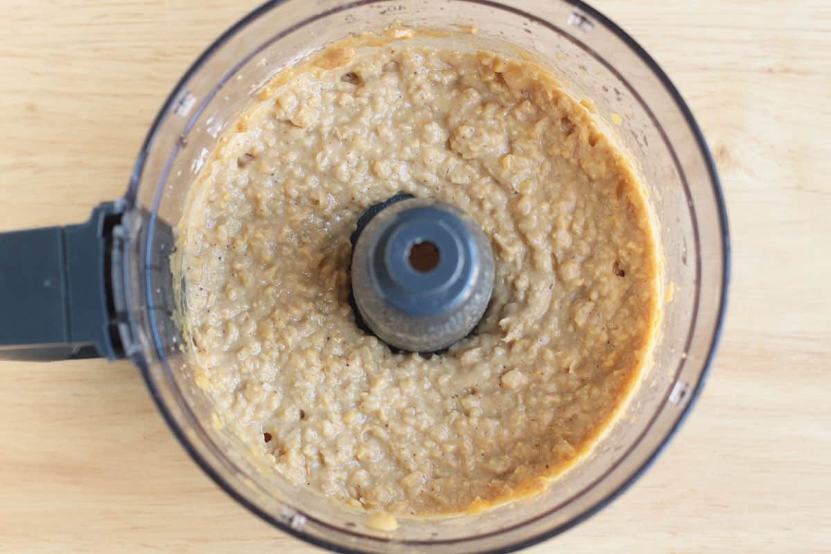 batter for chickpea blondies in food processor.