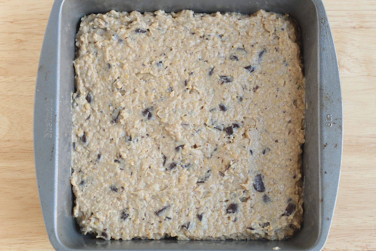 batter for chickpea blondies in baking pan.