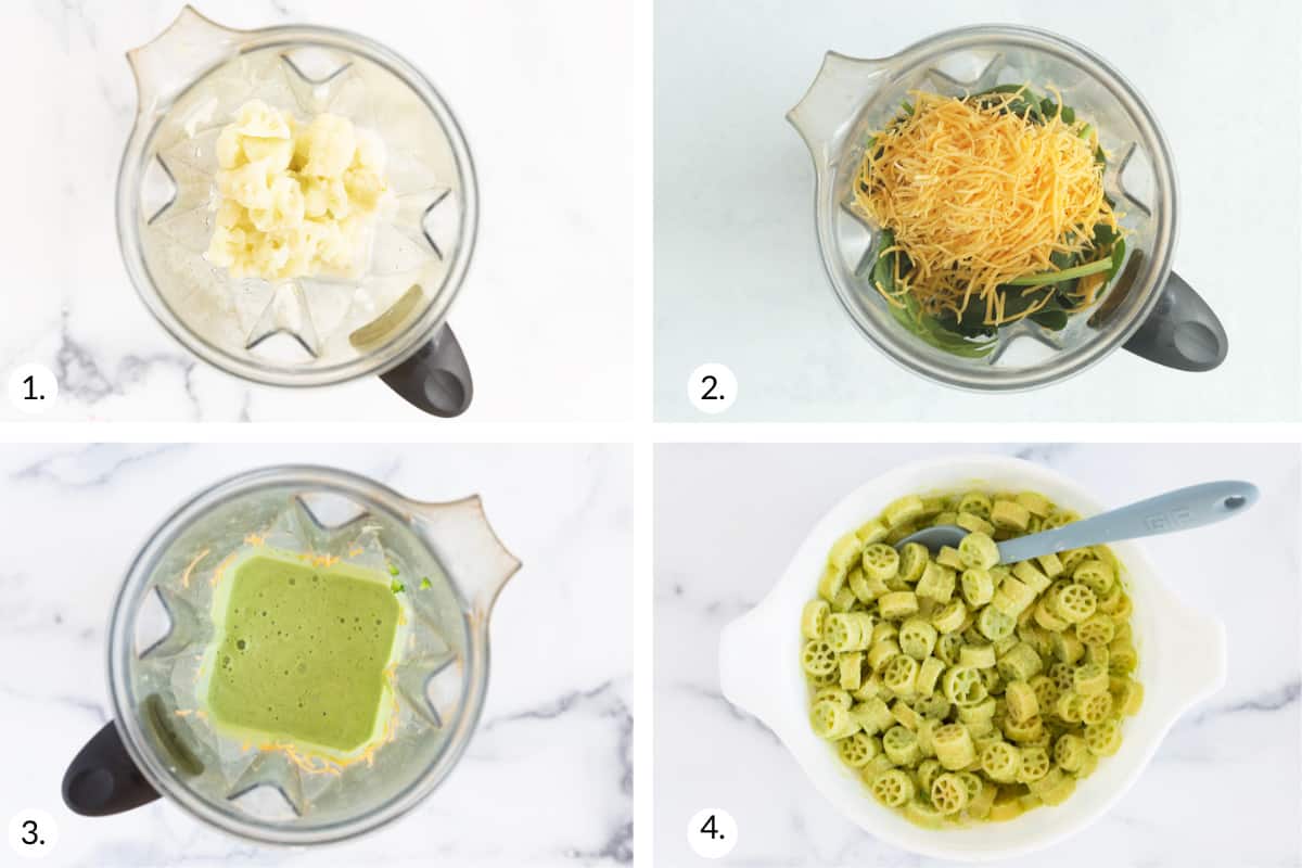 how to make green pasta sauce in grid of 4 images.